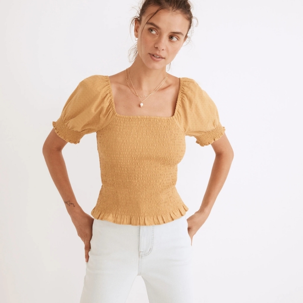 Madewell Lucie Puff-Sleeve Smocked Bodice Top mustard yellow Large